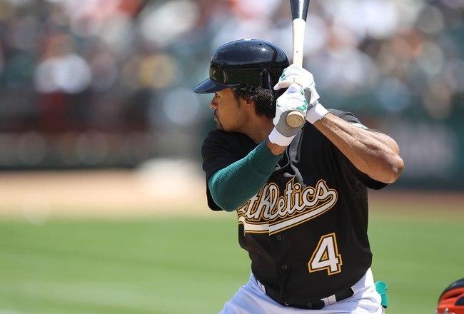 OAKLAND, CA - MAY 22:  Coco Crisp #4 of the Oakland Athletics bats against the San Francisco Giants during an MLB game at the Oakland-Alameda County Coliseum on May 22, 2010 in Oakland, California.  (Photo by Jed Jacobsohn/Getty Images)