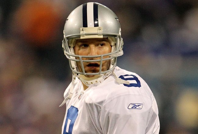 MINNEAPOLIS - JANUARY 17:  Tony Romo #9 of the Dallas Cowboys looks on during the game against the Minnesota Vikings during the NFC Divisional Playoff Game at Hubert H. Humphrey Metrodome on January 17, 2010 in Minneapolis, Minnesota. The Vikings defeated the Cowboys 34-3.  (Photo by Chris McGrath/Getty Images)