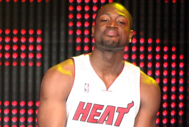 MIAMI - JULY 09:  Dwyane Wade #3 of the Miami Heat is introduced during a welcome party at American Airlines Arena on July 9, 2010 in Miami, Florida.  (Photo by Marc Serota/Getty Images)