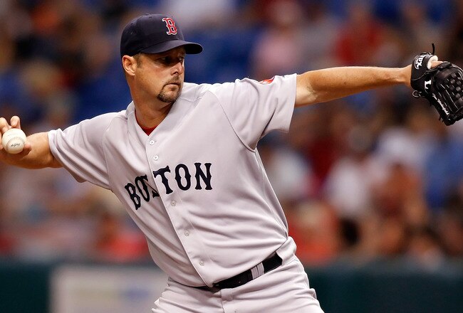 ST. PETERSBURG - JULY 07:  Pitcher Tim Wakefield #49 of the Boston Red Sox pitches against the Tampa Bay Rays during the game at Tropicana Field on July 7, 2010 in St. Petersburg, Florida.  (Photo by J. Meric/Getty Images)