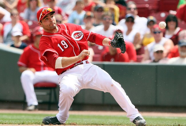 CINCINNATI - JULY 18:  Joey Votto #19 of the Cincinnati Reds throws the ball to first base during the game against the Colorado Rockies at Great American Ball Park on July 18, 2010 in Cincinnati, Ohio. The Rockies won 1-0. (Photo by Andy Lyons/Getty Images)