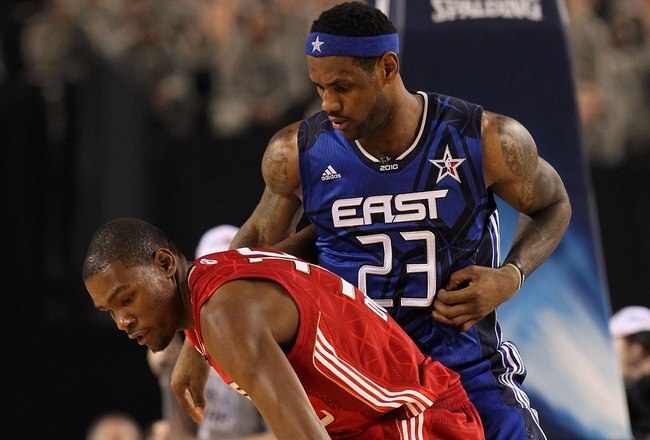 ARLINGTON, TX - FEBRUARY 14:  Kevin Durant #35 of the Western Conference dribbles against LeBron James #23 of the Eastern Conference during the first half of the NBA All-Star Game, part of 2010 NBA All-Star Weekend at Cowboys Stadium on February 14, 2010 in Arlington, Texas. The Eastern Conference defeated the Western Conference 141-139 in regulation. NOTE TO USER: User expressly acknowledges and agrees that, by downloading and or using this photograph, User is consenting to the terms and conditions of the Getty Images License Agreement.  (Photo by Ronald Martinez/Getty Images)
