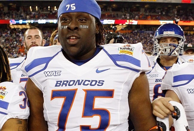 GLENDALE, AZ - JANUARY 04:  Faraji Wright #75 of the Boise State Broncos looks on after defeating the TCU Horned Frogs during the Tostitos Fiesta Bowl at the Universtity of Phoenix Stadium on January 4, 2010 in Glendale, Arizona.  (Photo by Christian Petersen/Getty Images)