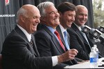 NEWARK, NJ - JULY 20: General Manager Lou Lamoriello, owner Jeff Vanderbeek, Ilya Kovalchuk, and head coach John Maclean of the New Jersey Devils speak with the media during a press conference announcing his contract renewal at the Prudential Center on July 20, 2010 in Newark, New Jersey.  (Photo by Bruce Bennett/Getty Images)