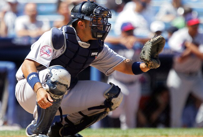 NEW YORK - JULY 13:  Jesus Montero of the New York Yankees and playing for World Futures Team catches against the United States Olympic Team during the 2008 XM All-Star Futures Game at Yankee Stadium on July 13, 2008 in the Bronx borough of New York City.  (Photo by Jim McIsaac/Getty Images)