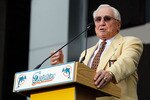 MIAMI GARDENS, FL - JANUARY 31:  Former Miami Dolphins head coach Don Shula speaks to a crowd during a cermony prior to the start of the 2010 Pro Bowl at Sun Life Stadium. A statue was erected for Shula, the winningest coach in NFL history on January 31, 2010 in Miami Gardens, Florida.  (Photo by Scott Halleran/Getty Images)