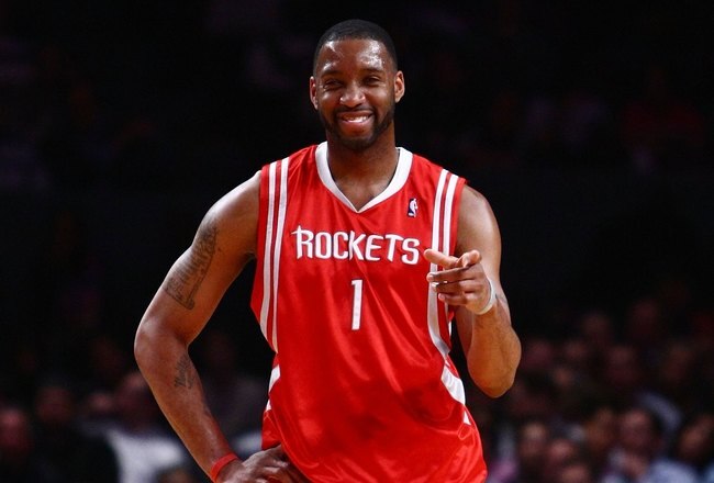 NEW YORK - JANUARY 26:  Tracy McGrady #1 of the Houston Rockets smiles against the New York Knicks on January 26, 2009 at Madison Square Garden in New York City.  NOTE TO USER: User expressly acknowledges and agrees that, by downloading and/or using this Photograph, User is consenting to the terms and conditions of the Getty Images License Agreement.  (Photo by Chris McGrath/Getty Images)