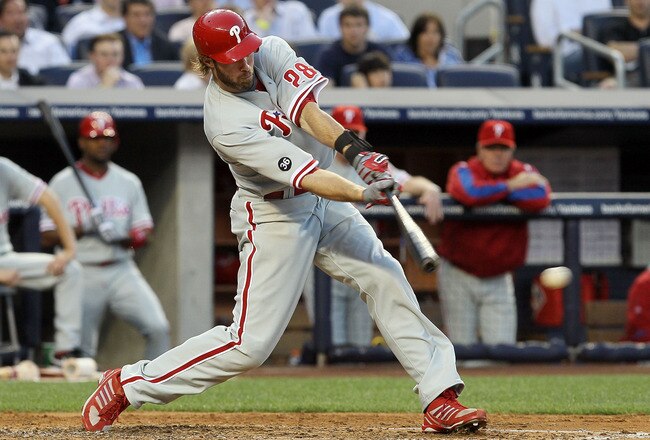 NEW YORK - JUNE 15:  Jayson Werth #28 of the Philadelphia Phillies connects on a fourth inning RBI single against the New York Yankees on June 15, 2010 at Yankee Stadium in the Bronx borough of New York City.  (Photo by Jim McIsaac/Getty Images)