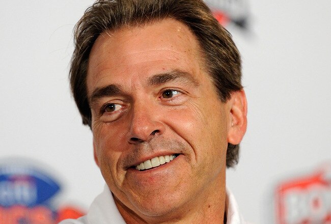 PASADENA, CA - JANUARY 07:  Head coach Nick Saban of the Alabama Crimson Tide speaks during a press conference after winning the Citi BCS National Championship game over the Texas Longhorns at the Rose Bowl on January 7, 2010 in Pasadena, California. The Crimson Tide defeated the Longhorns 37-21.  (Photo by Kevork Djansezian/Getty Images)