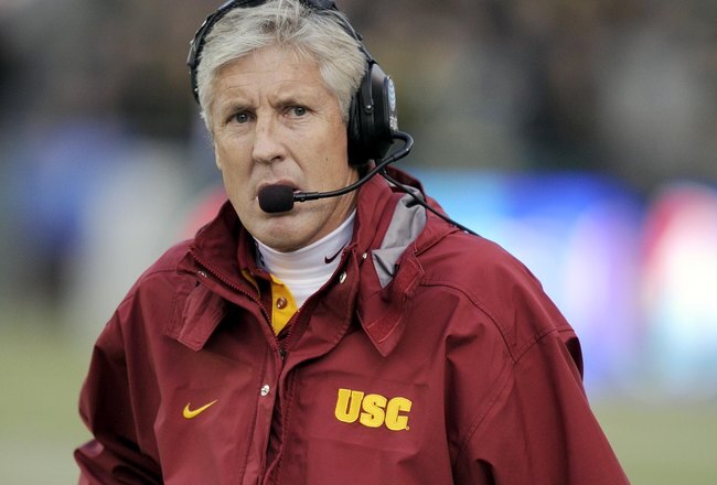 EUGENE, OR - OCTOBER 31: Head coach Pete Carroll of the USC Trojans looks out at the action on the field in the second quarter of the game against the Oregon Ducks at Autzen Stadium on October 31, 2009 in Eugene, Oregon. Oregon defeated USC 47-20. (Photo by Steve Dykes/Getty Images)