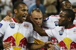 HARRISON, NJ - JULY 22:  Thierry Henry #14 of the New York Red Bulls celebrates his goal in the 25th minute with teammates Dane Richards #19 and Joel Lindpere #20 against the Tottenham Hotspur on July 22, 2010 at Red Bull Arena in Harrison, New Jersey. (Photo by Mike Stobe/Getty Images for New York Red Bull)  (Photo by Mike Stobe/Getty Images for New York Red Bulls)