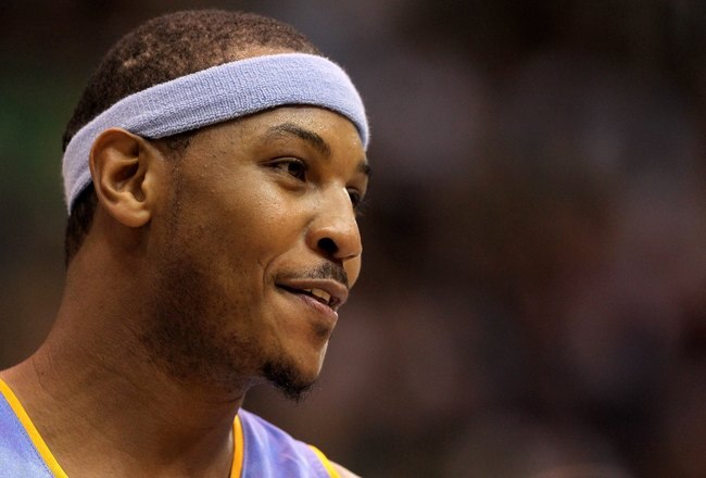 SALT LAKE CITY - APRIL 30:  Carmelo Anthony #15 of the Denver Nuggets stands on the court during their game against the Utah Jazz in Game Six of the Western Conference Quarterfinals of the 2010 NBA Playoffs at EnergySolutions Arena on April 30, 2010 in Salt Lake City, Utah. NOTE TO USER: User expressly acknowledges and agrees that, by downloading and or using this photograph, User is consenting to the terms and conditions of the Getty Images License Agreement.  (Photo by Ezra Shaw/Getty Images)