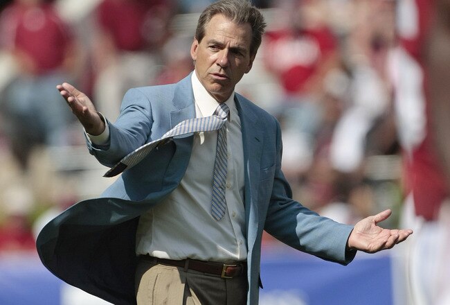 TUSCALOOSA, AL - APRIL 17: Coach Nick Saban of the Alabama Crimson Tide reacts during the Alabama spring game at Bryant Denny Stadium on April 17, 2010 in Tuscaloosa, Alabama. (Photo by Dave Martin/Getty Images)