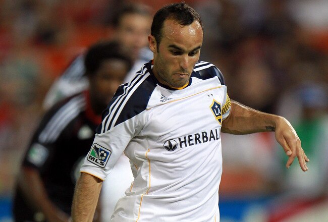 WASHINGTON - JULY 18: Landon Donovan #10 of the Los Angeles Galaxy converts a penalty kick against D.C. United at RFK Stadium on July 18, 2010 in Washington, DC. (Photo by Ned Dishman/Getty Images)