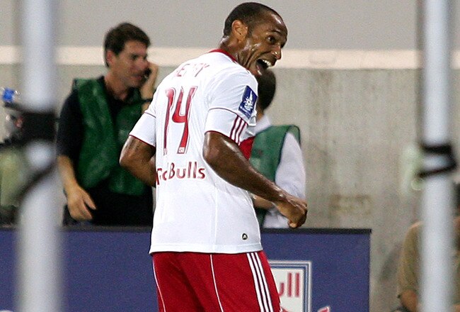 HARRISON, NJ - JULY 22: Thierry Henry #14 of the New York Red Bulls is all smiles after scoring a first half goal against Tottenham Hotspur during their game at Red Bull Arena on July 22, 2010 in Harrison, New Jersey. Tottenham Hotspur defeated the Red Bulls 2-1. (Photo by Andy Marlin/Getty Images for the New York Red Bulls)