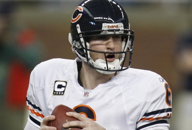 DETROIT - JANUARY 3:  Jay Cutler #6 of the Chicago Bears looks for a receiver during the game against the Detroit Lions on January 3, 2010 at Ford Field in Detroit, Michigan. (Photo by Gregory Shamus/Getty Images)