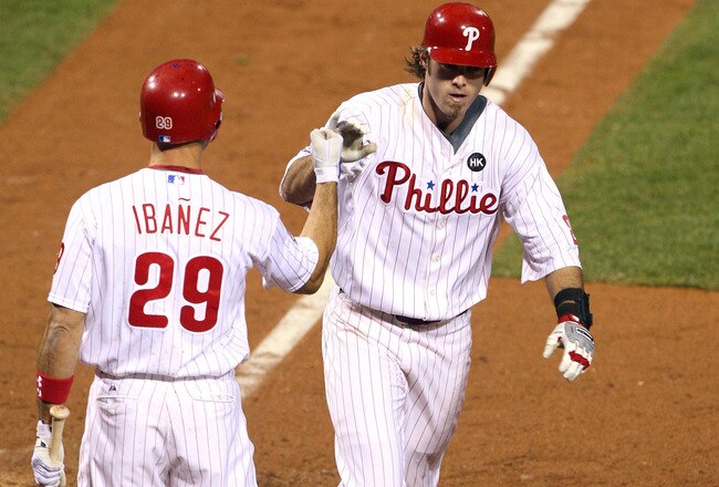 PHILADELPHIA - OCTOBER 31:  Jayson Werth #28 of the Philadelphia Phillies celebrates hitting a solo home run in the sixth inning with teammate Raul Ibanez #29 against the New York Yankees in Game Three of the 2009 MLB World Series at Citizens Bank Park on October 31, 2009 in Philadelphia, Pennsylvania.  (Photo by Jed Jacobsohn/Getty Images)