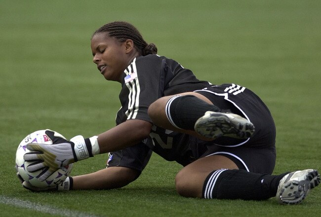 BOSTON - AUGUST 16:  Goaltender Karina LeBlanc #23 of the Boston Breakers makes a save against the Washington Freedom during the WUSA Semifinals at Nickerson Field on August 16, 2003 in Boston, Massachusetts.  The Freedom defeated the Breakers in penalty kicks (3-1) after two deadlocked golden goal overtime periods.  (Photo by John Mottern/Getty Images)