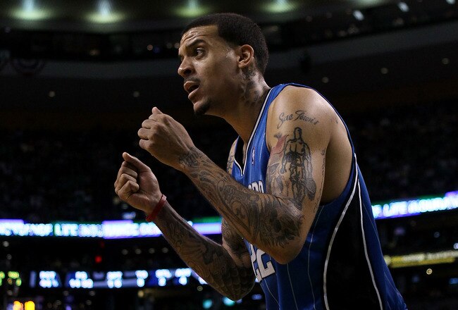 BOSTON - MAY 28:  Matt Barnes #22 of the Orlando Magic reacts after was called for a defensive foul  against the Boston Celtics in Game Six of the Eastern Conference Finals during the 2010 NBA Playoffs at TD Garden on May 28, 2010 in Boston, Massachusetts.  NOTE TO USER: User expressly acknowledges and agrees that, by downloading and/or using this Photograph, user is consenting to the terms and conditions of the Getty Images License Agreement.  (Photo by Elsa/Getty Images)