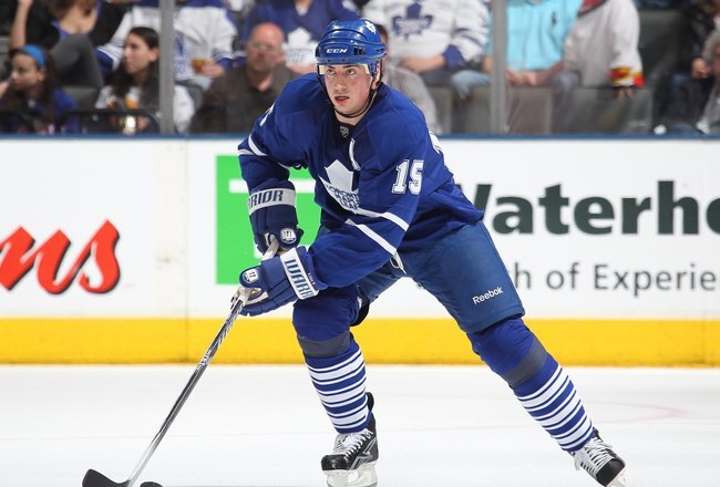 TORONTO, ON - APRIL 3:  Tomas Kaberle #15 of the Toronto Maple Leafs skates with the puck in a game against the Boston Bruins on April 3, 2010 at the Air Canada Centre in Toronto, Ontario. The Bruins defeated the Leafs 2-1 in overtime. (Photo by Claus Andersen/Getty Images)