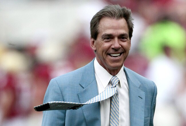 TUSCALOOSA, AL - APRIL 17: Coach Nick Saban of the Alabama Crimson Tide watches his team during the Alabama spring game at Bryant Denny Stadium on April 17, 2010 in Tuscaloosa, Alabama. (Photo by Dave Martin/Getty Images)