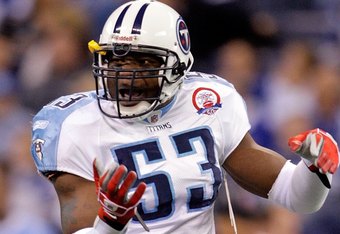 INDIANAPOLIS - DECEMBER 06: Keith Bulluck #53 of  the Tennessee Titans reacts during the NFL game against the Indianapolis Colts at Lucas Oil Stadium on December 6, 2009 in Indianapolis, Indiana.  (Photo by Andy Lyons/Getty Images)