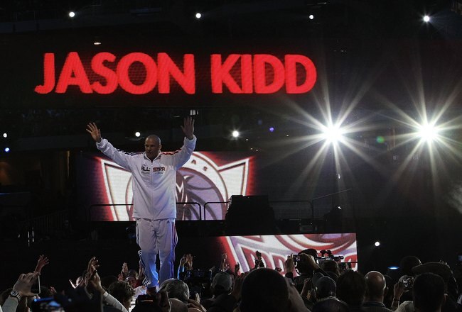ARLINGTON, TX - FEBRUARY 14:  Jason Kidd #2 of the Western Conference is welcomed by fans during introductions before the NBA All-Star Game, part of 2010 NBA All-Star Weekend at Cowboys Stadium on February 14, 2010 in Arlington, Texas. The Eastern Conference defeated the Western Conference 141-139 in regulation.  NOTE TO USER: User expressly acknowledges and agrees that, by downloading and or using this photograph, User is consenting to the terms and conditions of the Getty Images License Agreement.  (Photo by Ronald Martinez/Getty Images)