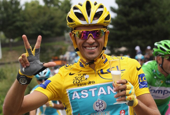 PARIS - JULY 25:  Alberto Contador of team Astana celebrates his third Tour win during the twentieth and final stage of Le Tour de France 2010, from Longjumeau to the Champs-Elysees in Paris on July 25, 2010 in Paris, France.  (Photo by Bryn Lennon/Getty Images)