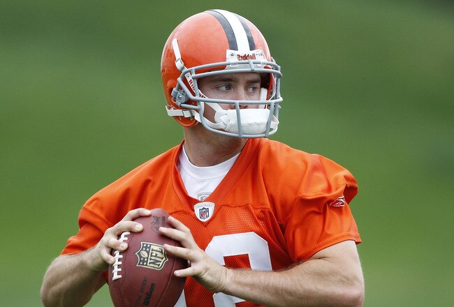 BEREA, OH - MAY 01: Colt McCoy #12 of the Cleveland Browns gets ready to throw a pass during rookie mini camp at the Cleveland Browns Training and Administrative Complex on May 1, 2010 in Berea, Ohio.  (Photo by Gregory Shamus/Getty Images)