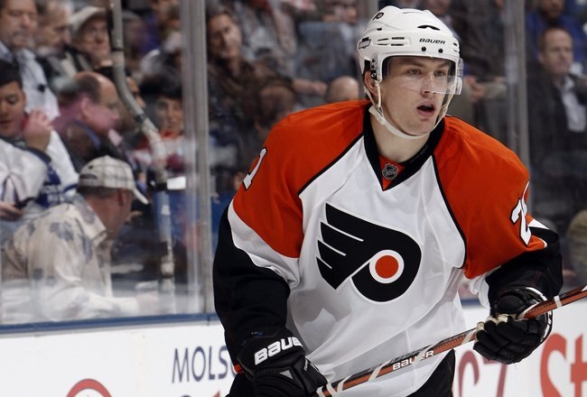 TORONTO - APRIL 6: James van Riemsdyk #21 of the Philadelphia Flyers skates up the ice during an NHL game against the Toronto Maple Leafs at the Air Canada Centre on April 6, 2010 in Toronto, Ontario, Canada. (Photo by Abelimages/Getty Images)