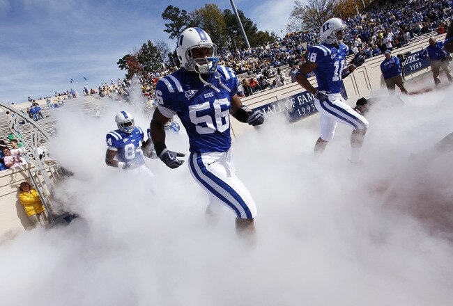 DURHAM, NC - NOVEMBER 14:  The Duke Blue Devils take the field before the game against the Georgia Tech Yellow Jackets at Wallace Wade Stadium on November 14, 2009 in Durham, North Carolina. (Photo by Joe Robbins/Getty Images)