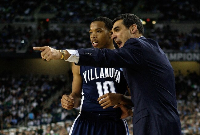 DETROIT - APRIL 04:  Head coach Jay Wright of the Villanova Wildcats gestures as he talks with Corey Fisher #10 in the first half against the North Carolina Tar Heels during the National Semifinal game of the NCAA Division I Men's Basketball Championship at Ford Field on April 4, 2009 in Detroit, Michigan.  (Photo by Andy Lyons/Getty Images)