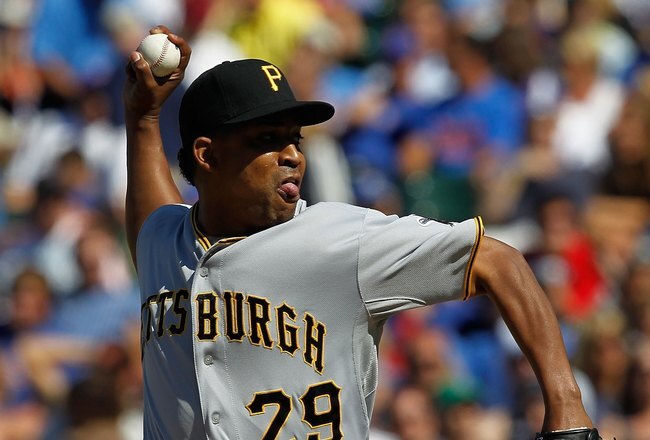 CHICAGO - JUNE 30: Octavio Dotel #29 of the Pittsburgh Pirates pitches in the 9th inning on his way to a save against the Chicago Cubs at Wrigley Field on June 30, 2010 in Chicago, Illinois. The Pirates defeated the Cubs 2-0. (Photo by Jonathan Daniel/Getty Images)