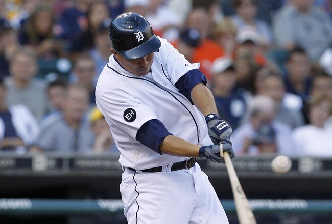 DETROIT - JULY 09: Magglio Ordonez #30 of the Detroit Tigers singles to center field scoring two runs in the first inning and giving the Tigers a 4-0 lead over the Minnesota Twins on July 9, 2010 at Comerica Park in Detroit, Michigan.  (Photo by Leon Halip/Getty Images)