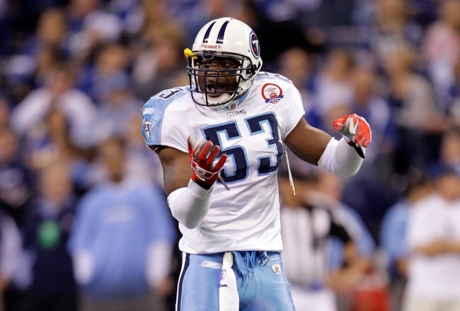INDIANAPOLIS - DECEMBER 06: Keith Bulluck #53 of  the Tennessee Titans reacts during the NFL game against the Indianapolis Colts at Lucas Oil Stadium on December 6, 2009 in Indianapolis, Indiana.  (Photo by Andy Lyons/Getty Images)