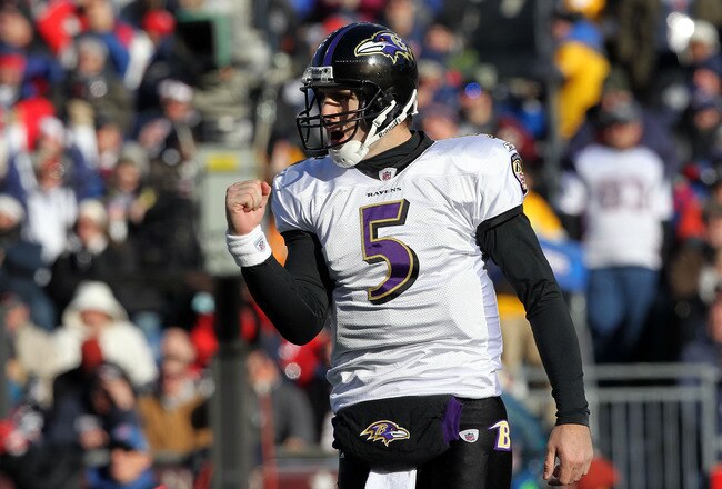 FOXBORO, MA - JANUARY 10:  Joe Flacco #5 of the Baltimore Ravens reacts after Ray Rice scored a 1-yard touchdown in the first quarter against the New England Patriots during the 2010 AFC wild-card playoff game at Gillette Stadium on January 10, 2010 in Foxboro, Massachusetts.  (Photo by Jim Rogash/Getty Images)