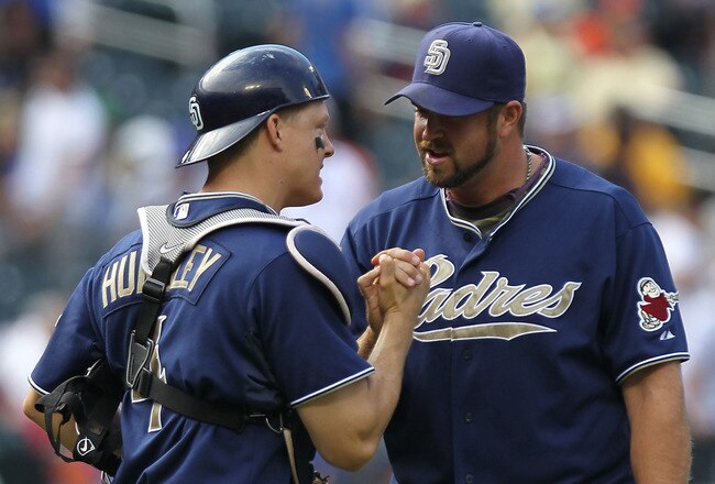 NEW YORK - JUNE 10:  Heath Bell #21 of the San Diego Padres celebrates the win with catcher Nick Hundley #4 against the New York Mets at Citi Field on June 10, 2010 in the Flushing neighborhood of the Queens borough of New York City.  (Photo by Nick Laham/Getty Images)