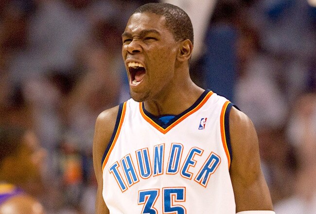OKLAHOMA CITY - APRIL 24: Kevin Durant #35 of the Oklahoma City Thunder celebrates a foul called against the Los Angeles Lakers during Game Four of the Western Conference Quarterfinals of the 2010 NBA Playoffs on April 24, 2010 at the Ford Center in Oklahoma City, Oklahoma.  NOTE TO USER: User expressly acknowledges and agrees that, by downloading and or using this photograph, User is consenting to the terms and conditions of the Getty Images License Agreement.  (Photo by Dilip Vishwanat/Getty Images)