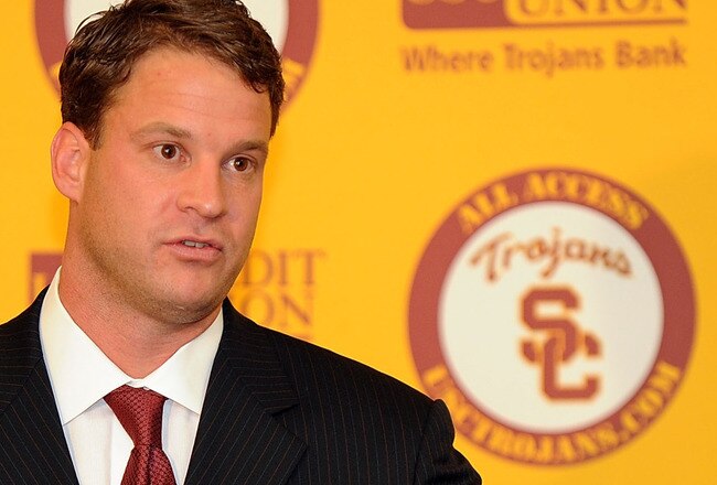 LOS ANGELES, CA - JANUARY 13:  New head coach of the USC Trojans Lane Kiffin is introduced during a press conference at Heritage Hall January 13, 2010 in Los Angeles, California.  (Photo by Harry How/Getty Images)