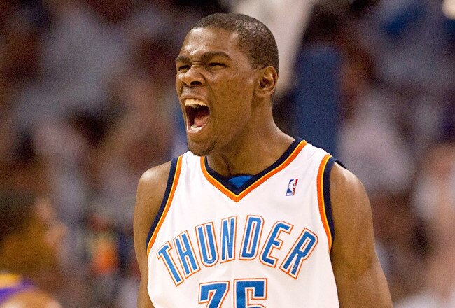 OKLAHOMA CITY - APRIL 24: Kevin Durant #35 of the Oklahoma City Thunder celebrates a foul called against the Los Angeles Lakers during Game Four of the Western Conference Quarterfinals of the 2010 NBA Playoffs on April 24, 2010 at the Ford Center in Oklahoma City, Oklahoma.  NOTE TO USER: User expressly acknowledges and agrees that, by downloading and or using this photograph, User is consenting to the terms and conditions of the Getty Images License Agreement.  (Photo by Dilip Vishwanat/Getty Images)
