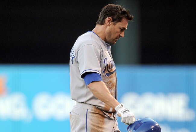 ANAHEIM, CA - JULY 02:  Scott Podsednik #22 of the Kansas City Royals leaves the field after he is doubled off second base against the Los Angeles Angels during the first inning at Angel Stadium on July 2, 2010 in Anaheim, California.  (Photo by Harry How/Getty Images)