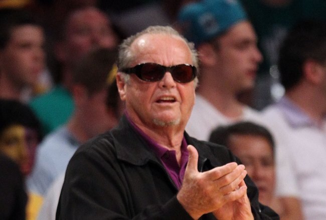 LOS ANGELES, CA - JUNE 17:  Actor Jack Nicholson watches Game Seven of the 2010 NBA Finals at Staples Center between the Boston Celtics and the Los Angeles Lakers on June 17, 2010 in Los Angeles, California.  NOTE TO USER: User expressly acknowledges and agrees that, by downloading and/or using this Photograph, user is consenting to the terms and conditions of the Getty Images License Agreement.  (Photo by Ronald Martinez/Getty Images)