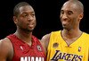 LOS ANGELES - FEBRUARY 28:   Dwayne Wade #3 of the Miami Heat and Kobe Bryant #24 of the Los Angeles Lakers talk during a break in the game on February 28, 2008 at Staples Center in Los Angeles, California.  The Lakers won 106-88. NOTE TO USER: User expressly acknowledges and agrees that, by downloading and/or using this Photograph, user is consenting to the terms and conditions of the Getty Images License Agreement. (Photo by Stephen Dunn/Getty Images)