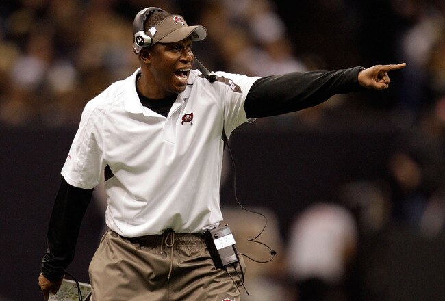 NEW ORLEANS - DECEMBER 27:  Head coach Raheem Morris of the Tampa Bay Buccaneers gestures from the sidelines during the game against the New Orleans Saints on December 27, 2009 at Louisiana Superdome in New Orleans, Louisiana.  (Photo by Jamie Squire/Getty Images)