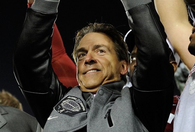 PASADENA, CA - JANUARY 07:  Head coach Nick Saban and the Alabama Crimson Tide celebrate with the BCS Championship trophy after winning the Citi BCS National Championship game over the Texas Longhorns at the Rose Bowl on January 7, 2010 in Pasadena, California. The Crimson Tide defeated the Longhorns 37-21.  (Photo by Kevork Djansezian/Getty Images)