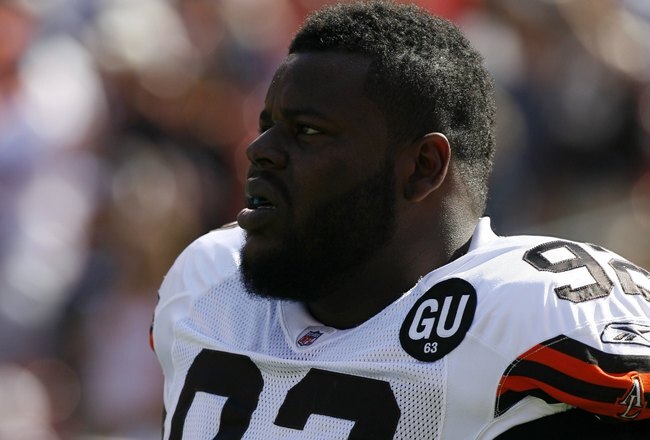 CLEVELAND - SEPTEMBER 7:  Shaun Rogers #92 of the Cleveland Browns looks on before the game against the Dallas Cowboys at Cleveland Browns Stadium on September 7, 2008 in Cleveland, Ohio.  (Photo by Kevin C. Cox/Getty Images)