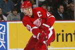 DETROIT - FEBRUARY 8:  Steve Yzerman #19 of the Detroit Red Wings moves the puck against the Nashville Predators at Joe Louis Arena on February 8, 2006 in Detroit, Michigan. The Red Wings won 6-0. (Photo By Dave Sandford/Getty Images)