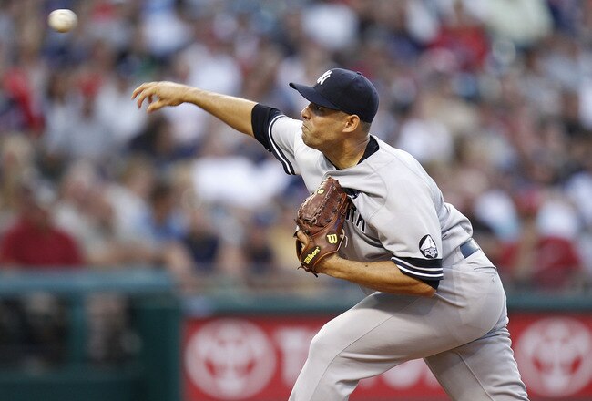 CLEVELAND - JULY 26: Javier Vazquez #31of the New York Yankees throws a fifth inning pitch while playing the Cleveland Indians on July 26, 2010 at Progressive Field in Cleveland, Ohio.  (Photo by Gregory Shamus/Getty Images)