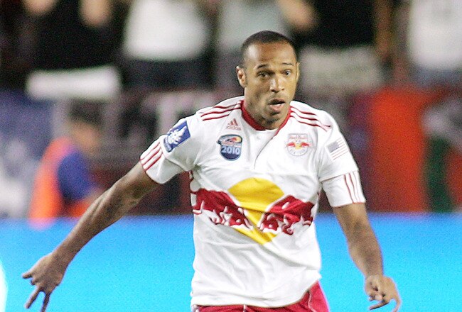 HARRISON, NJ - JULY 22: Thierry Henry #14 of the New York Red Bulls plays the ball against Tottenham Hotspur during their game at Red Bull Arena on July 22, 2010 in Harrison, New Jersey. (Photo by Andy Marlin/Getty Images for the New York Red Bulls)