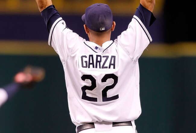 ST PETERSBURG, FL - JULY 26:  Pitcher Matt Garza #22 of the Tampa Bay Rays celebrates his no hitter against the Detroit Tigers during the game at Tropicana Field on July 26, 2010 in St. Petersburg, Florida. Tampa Bay beat Detroit 5-0.  (Photo by J. Meric/Getty Images)